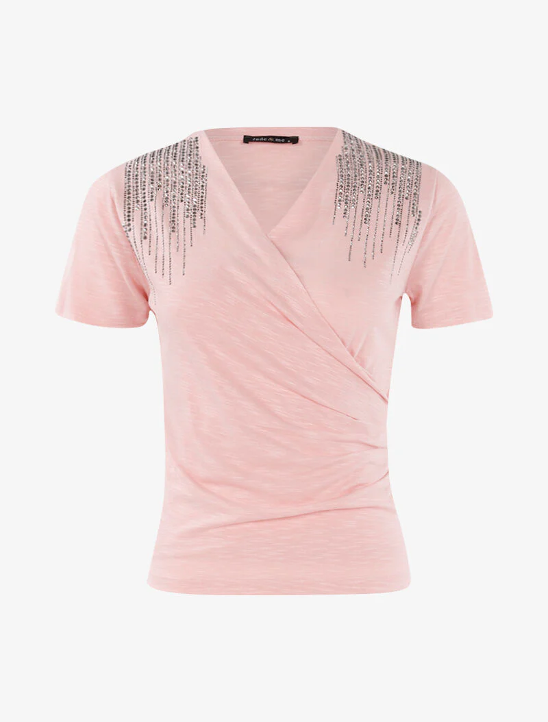 Top chiné à épaules strassées - rose