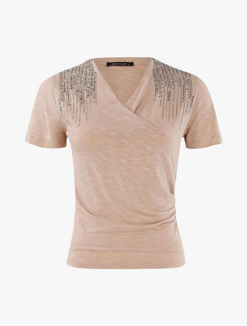 Top chiné à épaules strassées - beige