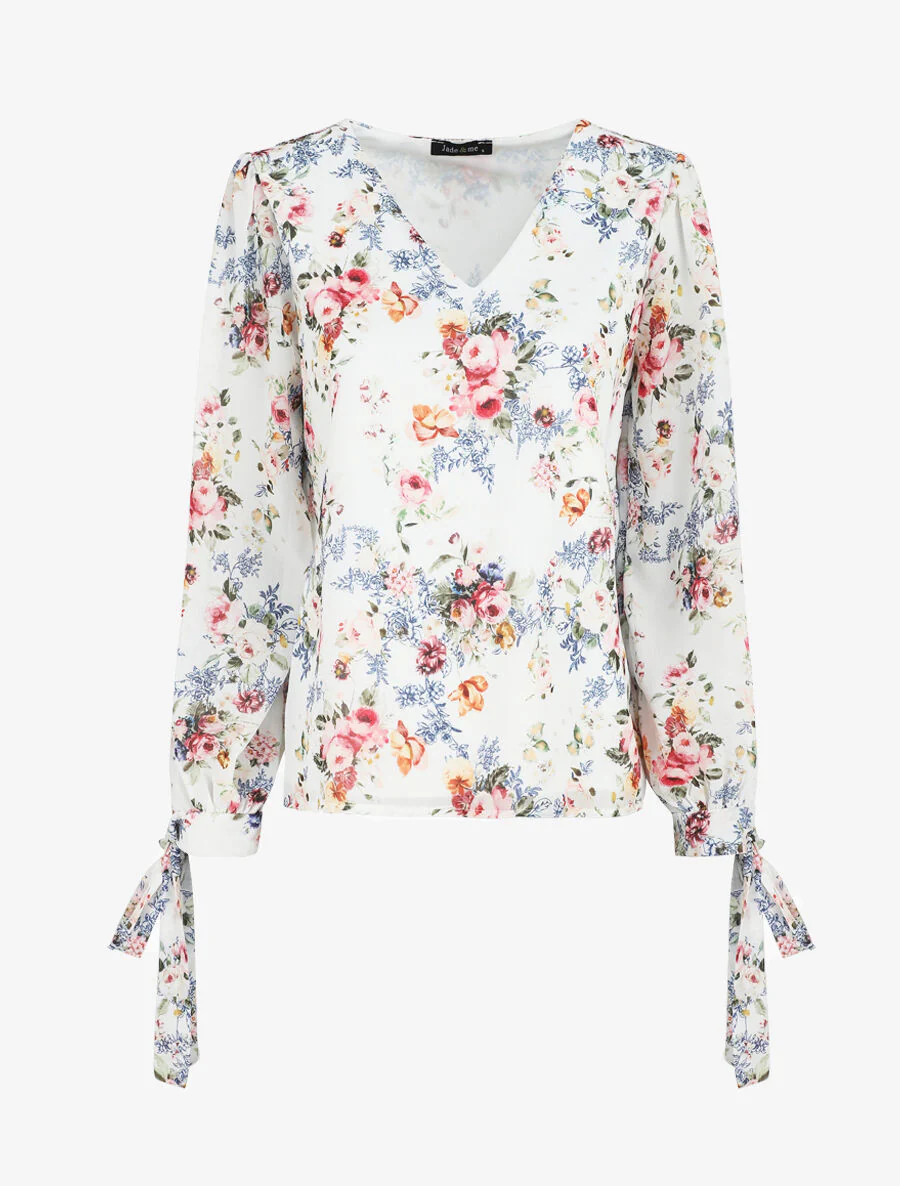 Top col V imprimé fleuri - Blanc