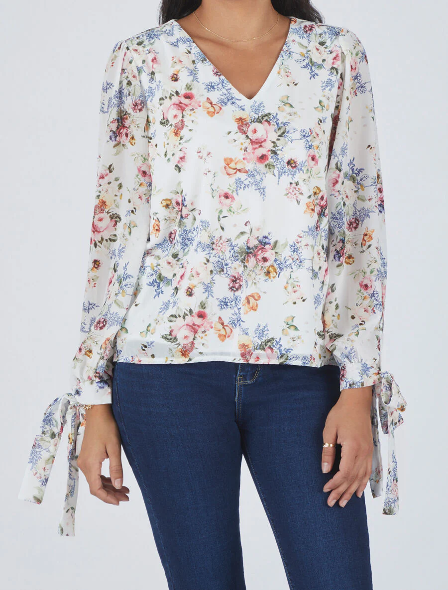 Top col V imprimé fleuri - Blanc - Image 4