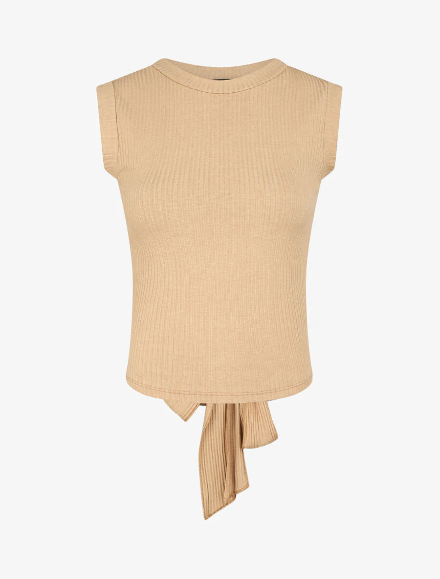 Top côtelé à ceinture à nouer - Camel