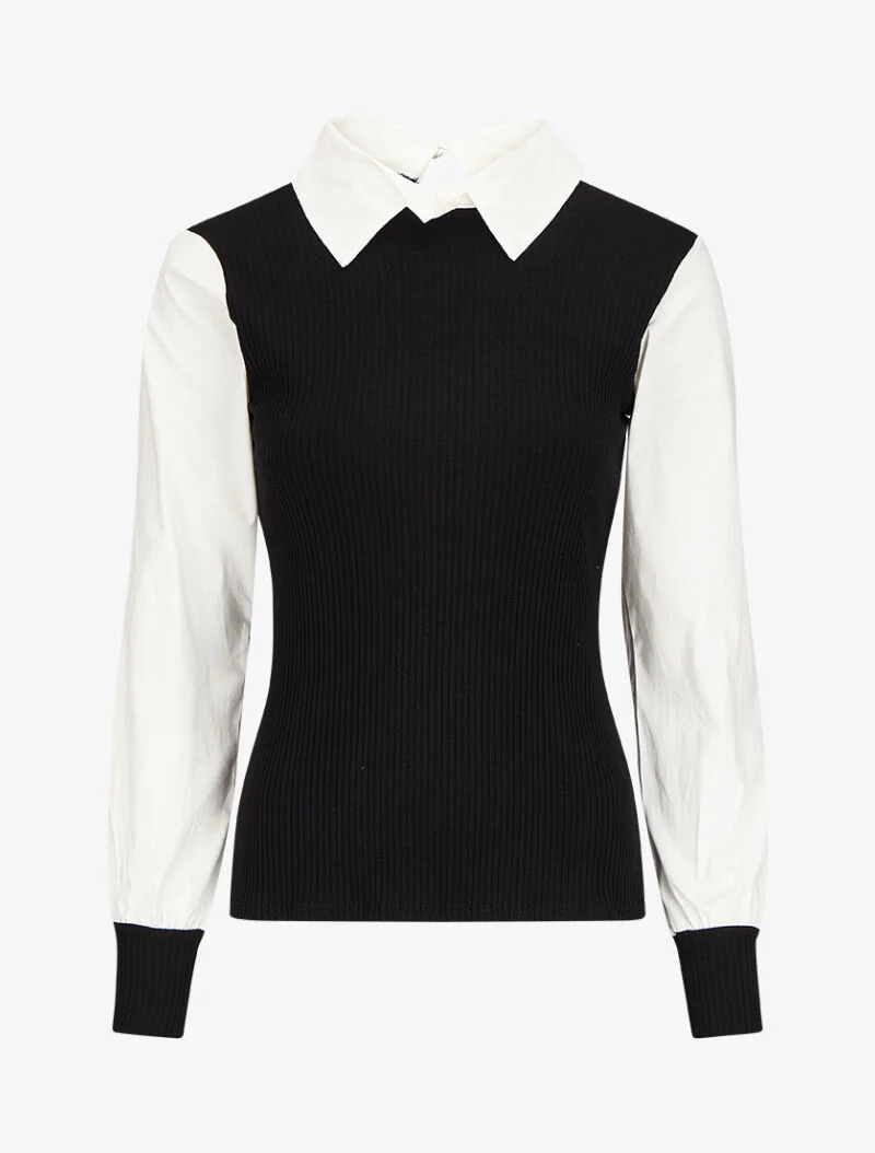 Top côtelé à col et manches style chemise - Noir