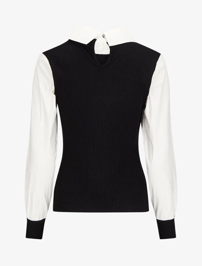 Top côtelé à col et manches style chemise - Noir - Image 2