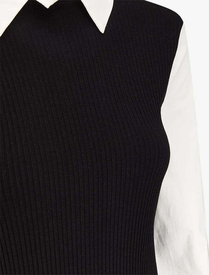 Top côtelé à col et manches style chemise - Noir - Image 3