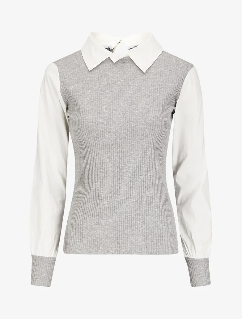 Top côtelé à col et manches style chemise - Gris