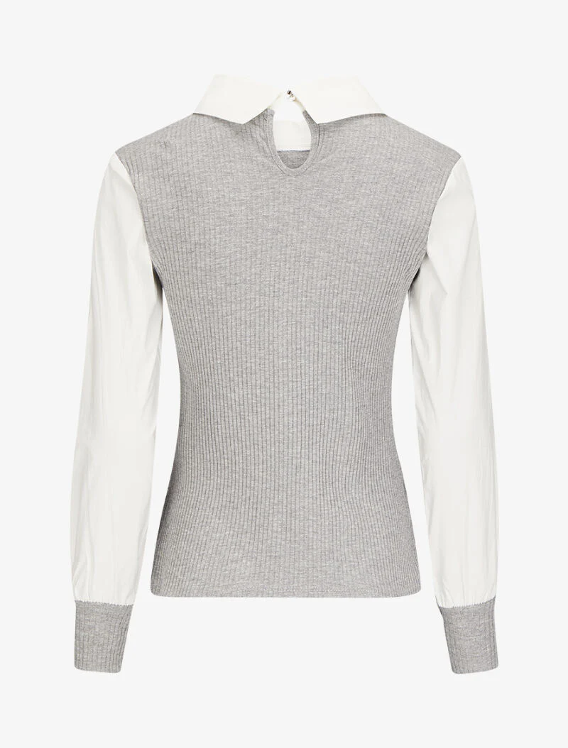 Top côtelé à col et manches style chemise - Gris - Image 2