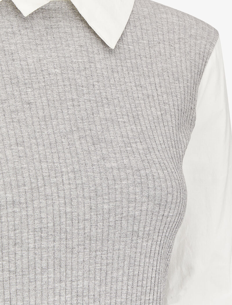 Top côtelé à col et manches style chemise - Gris - Image 3