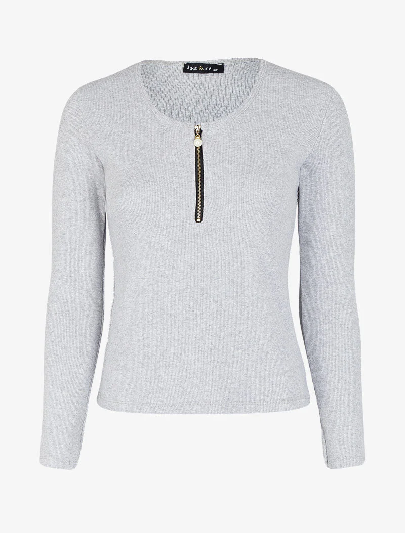 Top côtelé à col rond zippé à détail perles et strass - Gris chiné