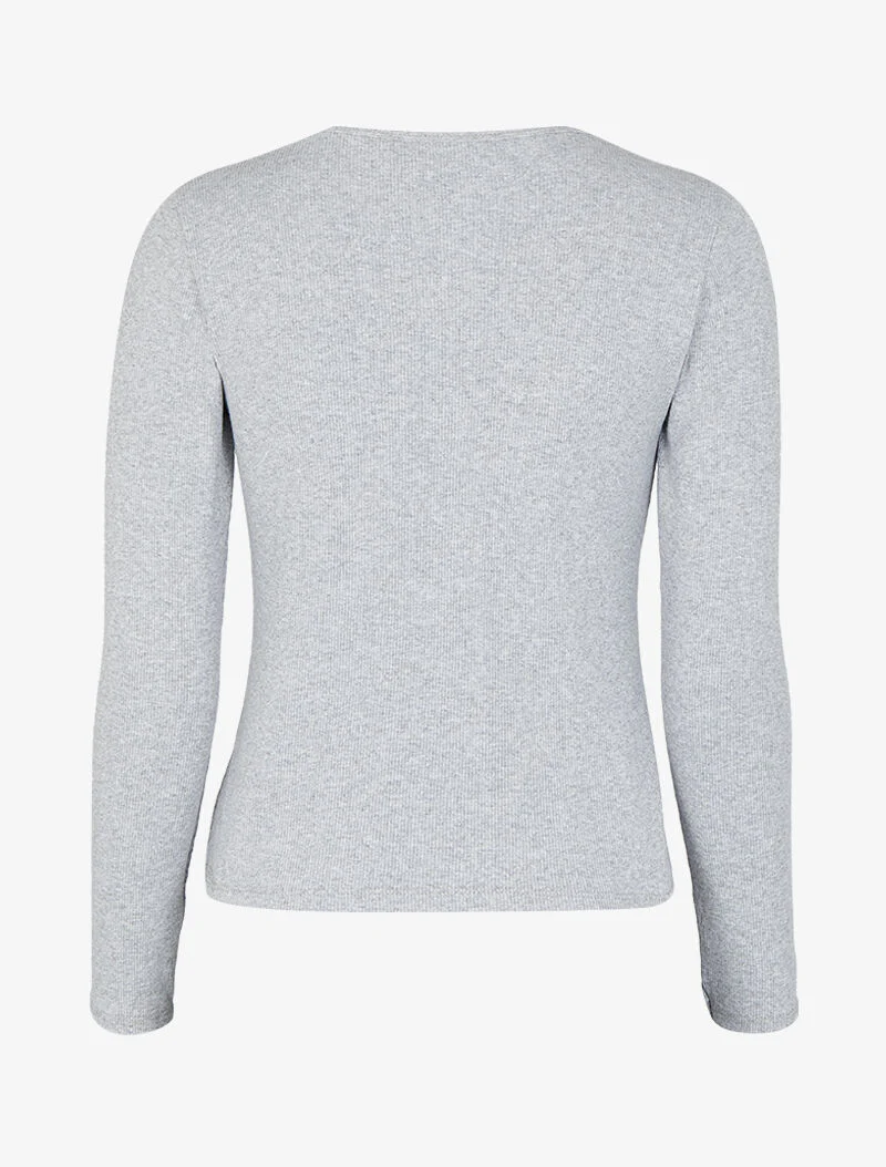 Top côtelé à col rond zippé à détail perles et strass - Gris chiné - Image 2