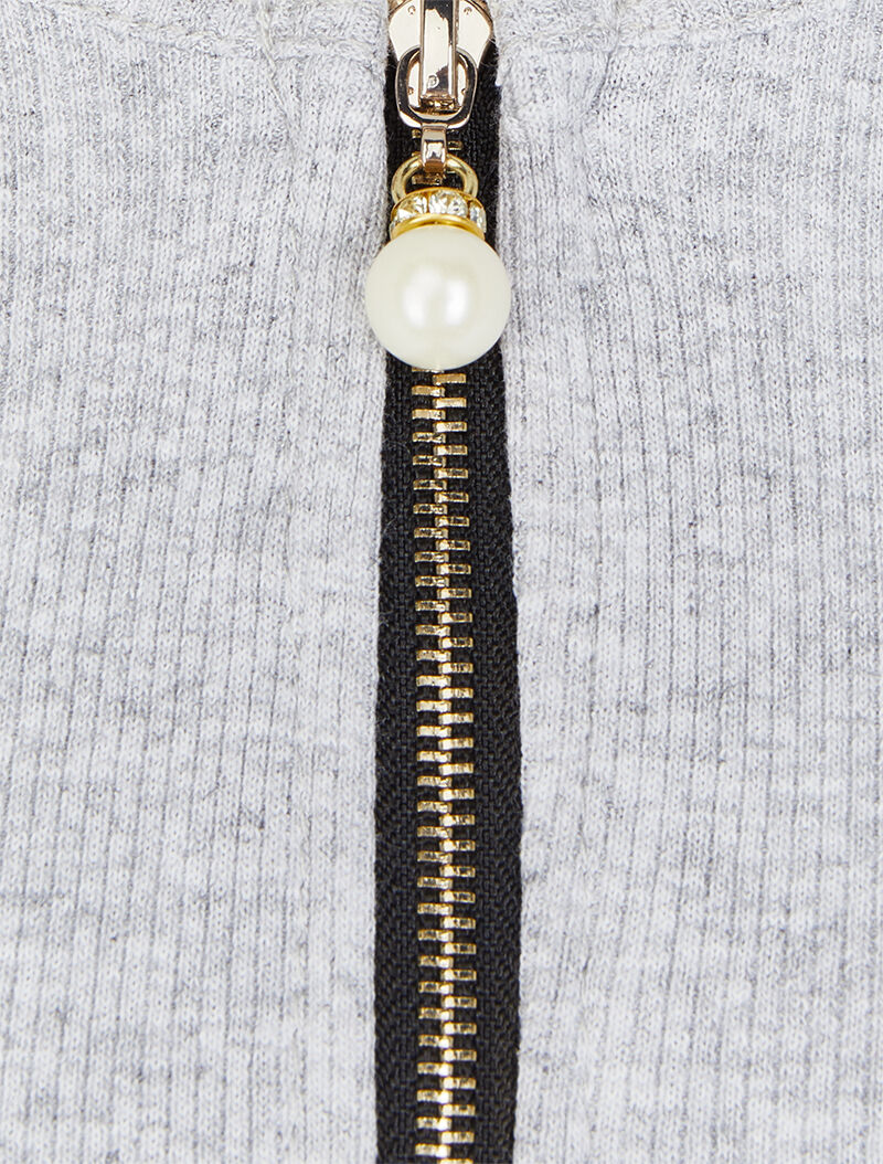 Top côtelé à col rond zippé à détail perles et strass - Gris chiné - Image 3