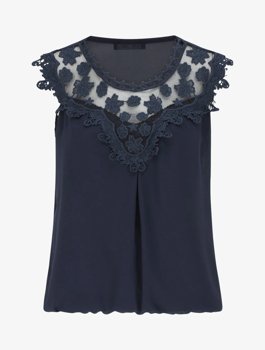 Top coupe boule à col en crochet et mesh - Bleu nuit
