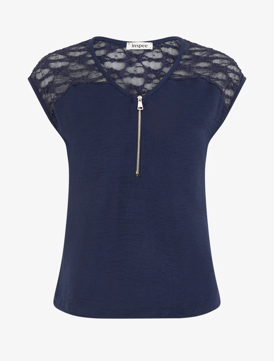 Top droit à zip et dentelle - Marine