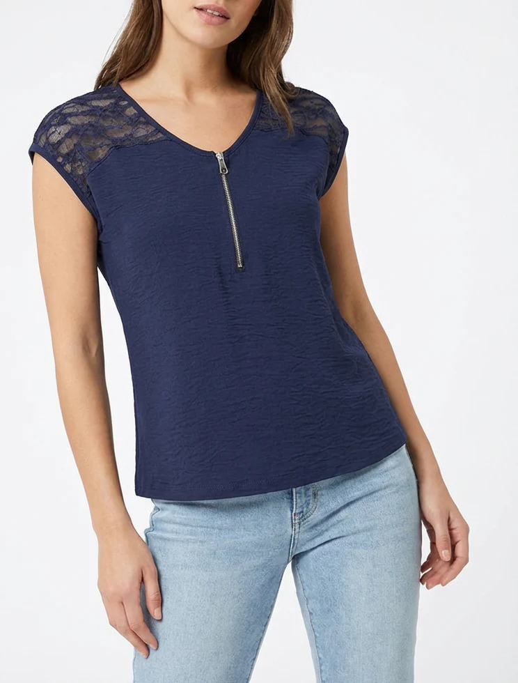 Top droit à zip et dentelle - Marine - Image 4