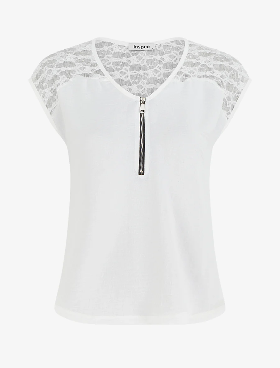 Top droit à zip et dentelle - Blanc