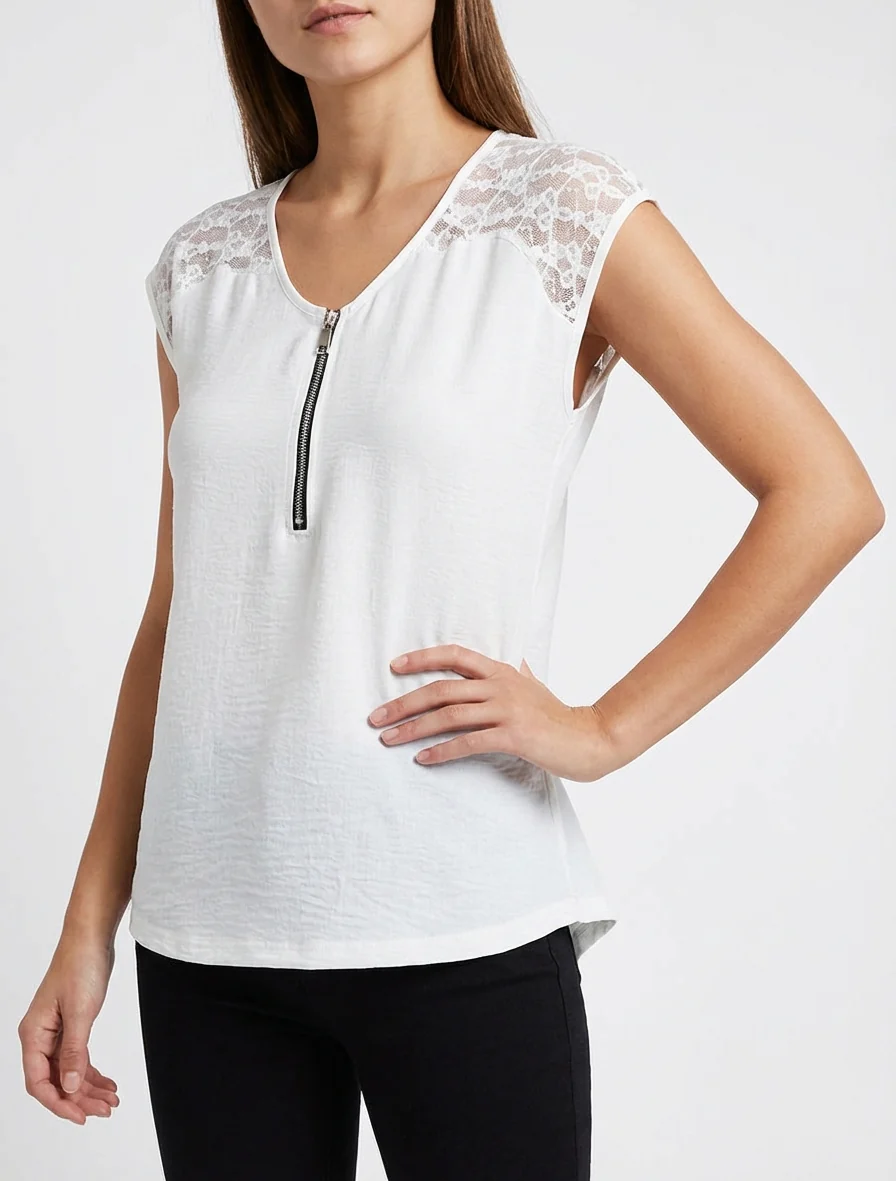 Top droit à zip et dentelle - Blanc - Image 4