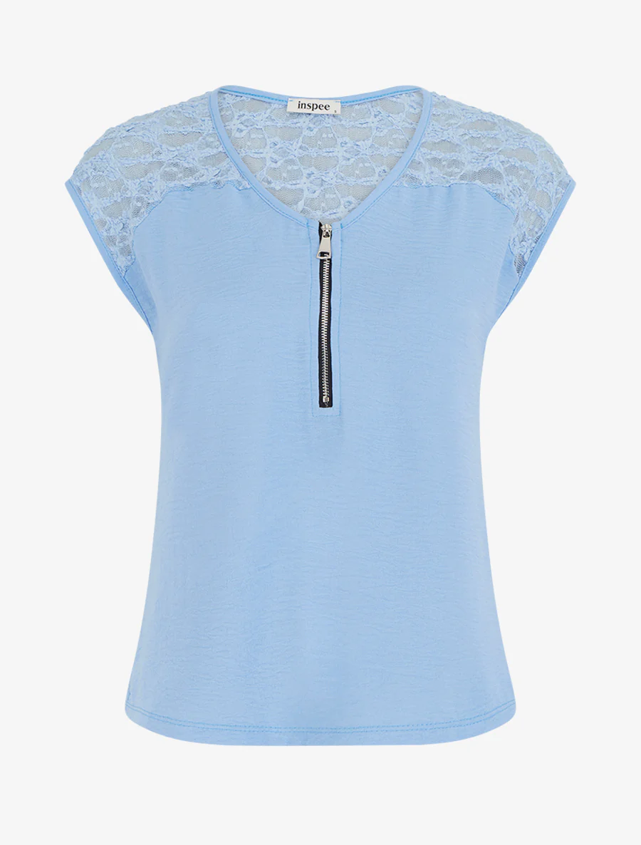 Top droit à zip et dentelle - Bleu ciel