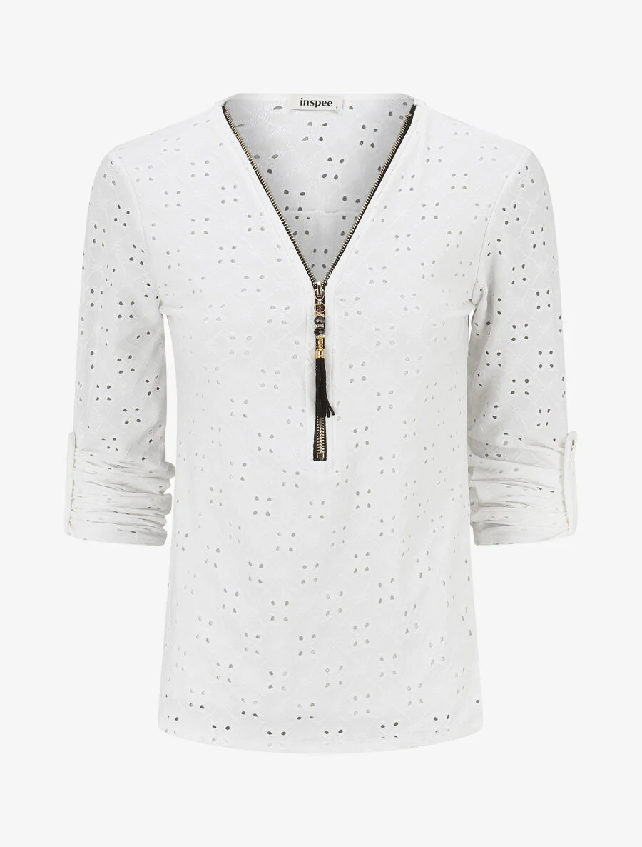 Top droit ajouré à col zippé - Blanc
