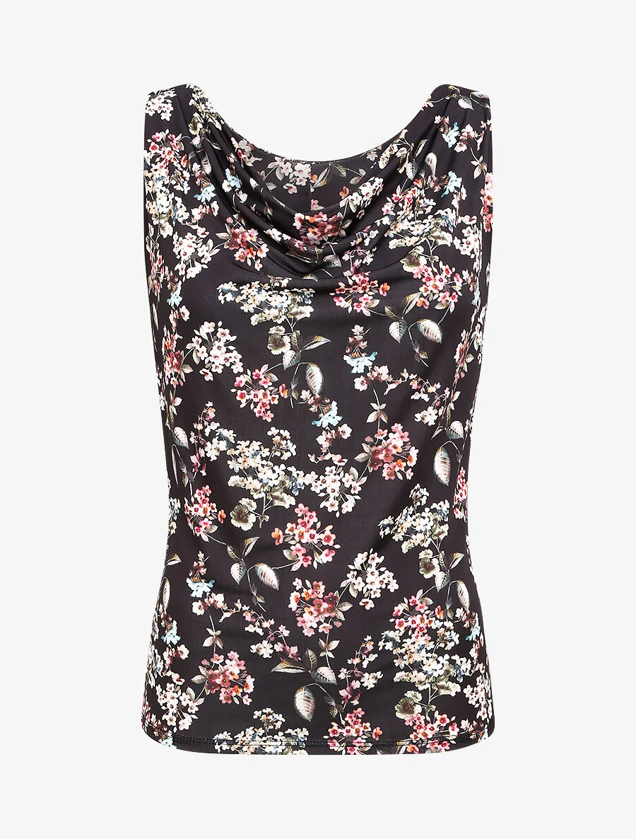 Top droit col bénitier imprimé fleurs printanières - Noir