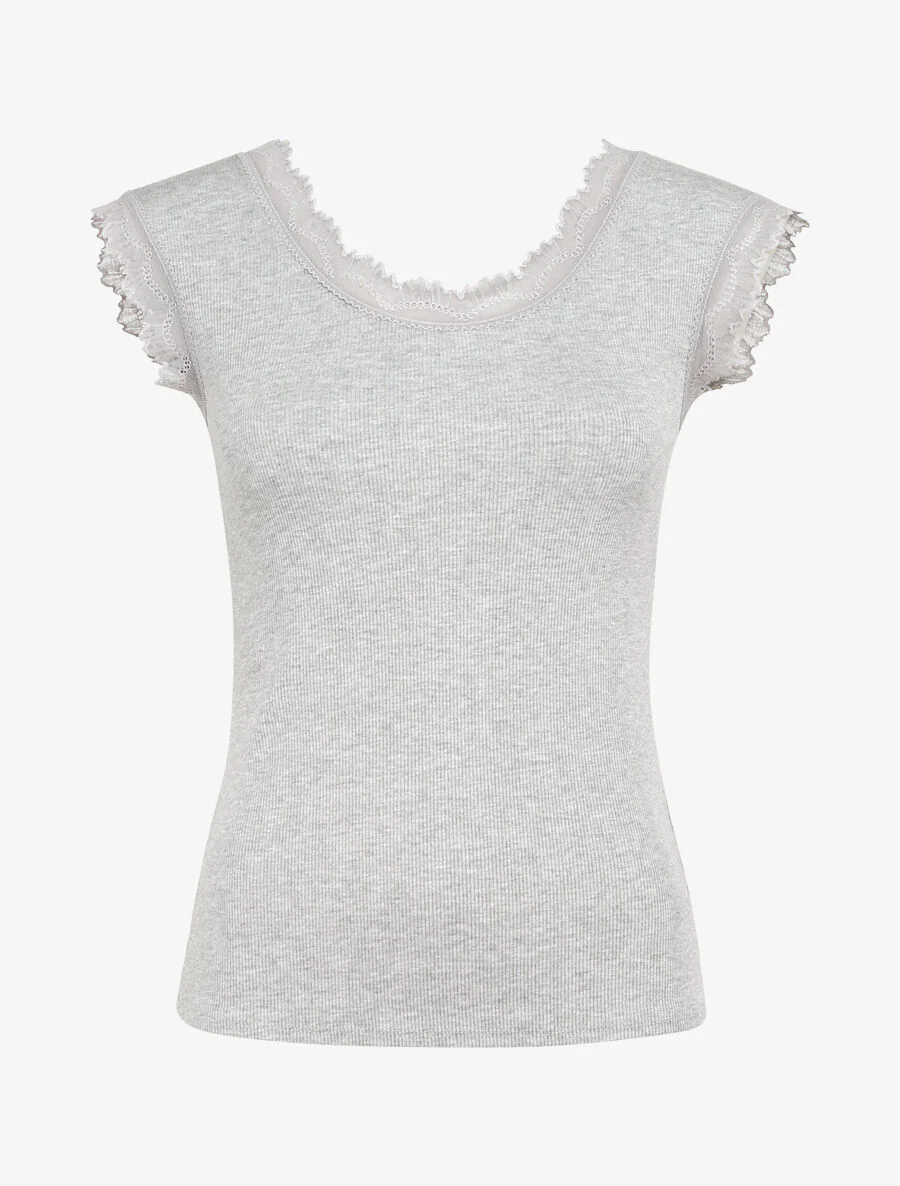 Top droit côtelé à bords en dentelle - Gris clair