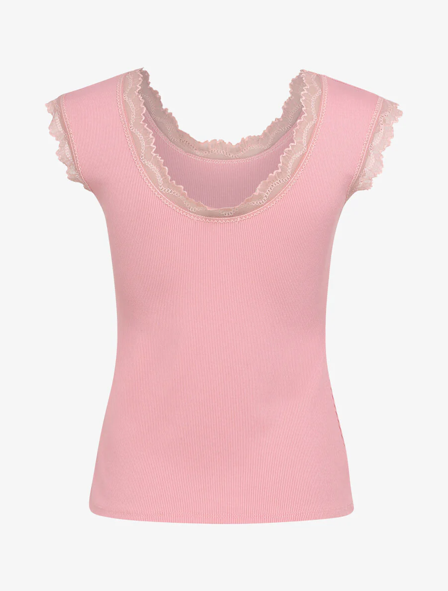 Top droit côtelé à bords en dentelle - Vieux rose - Image 2