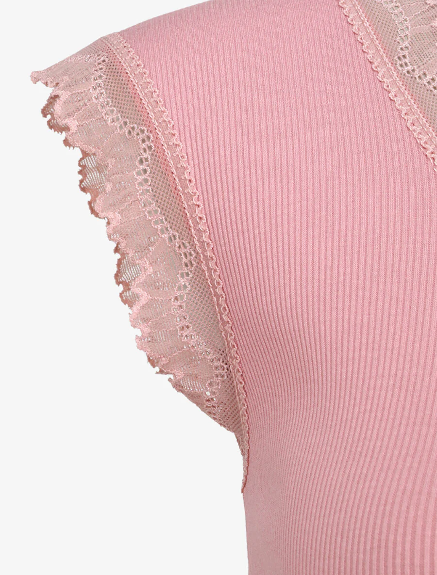 Top droit côtelé à bords en dentelle - Vieux rose - Image 3