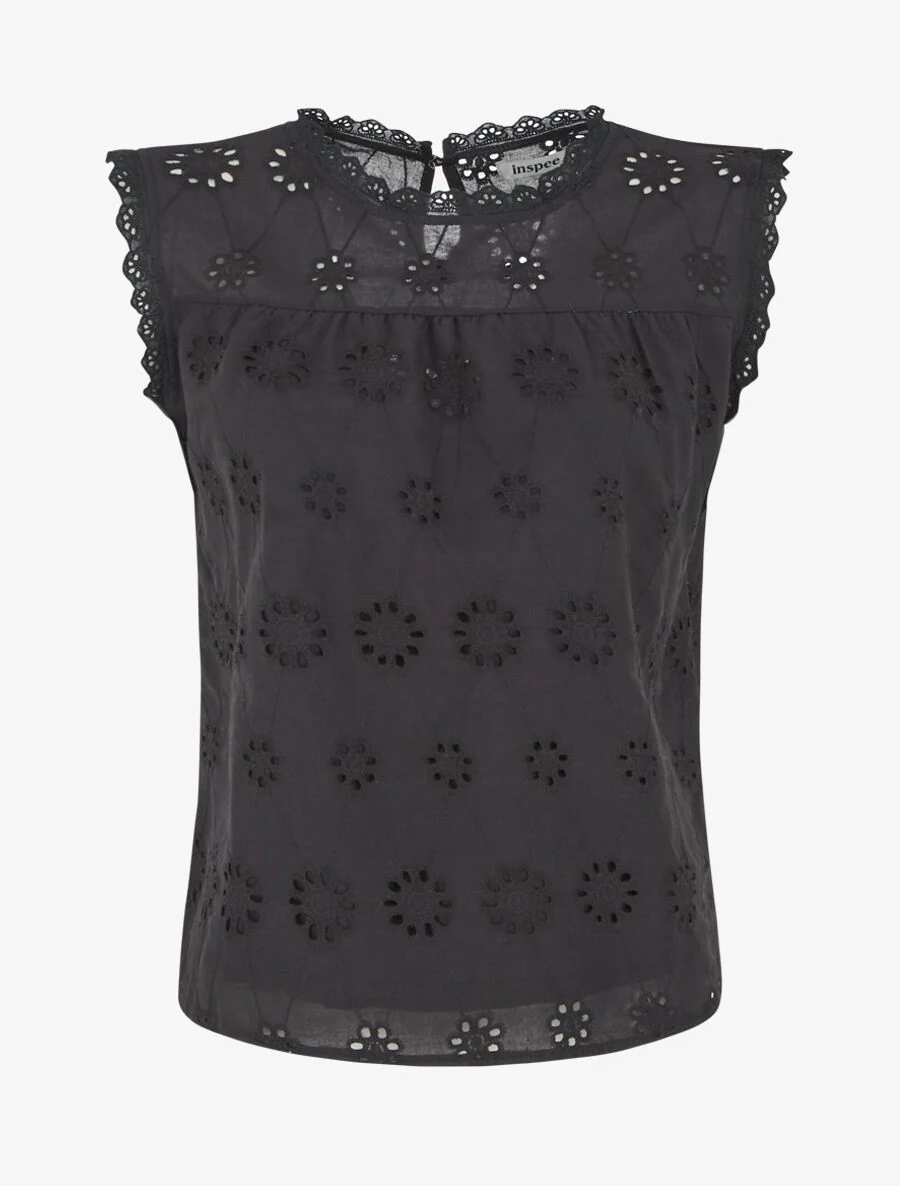 Top droit en broderie anglaise - Noir