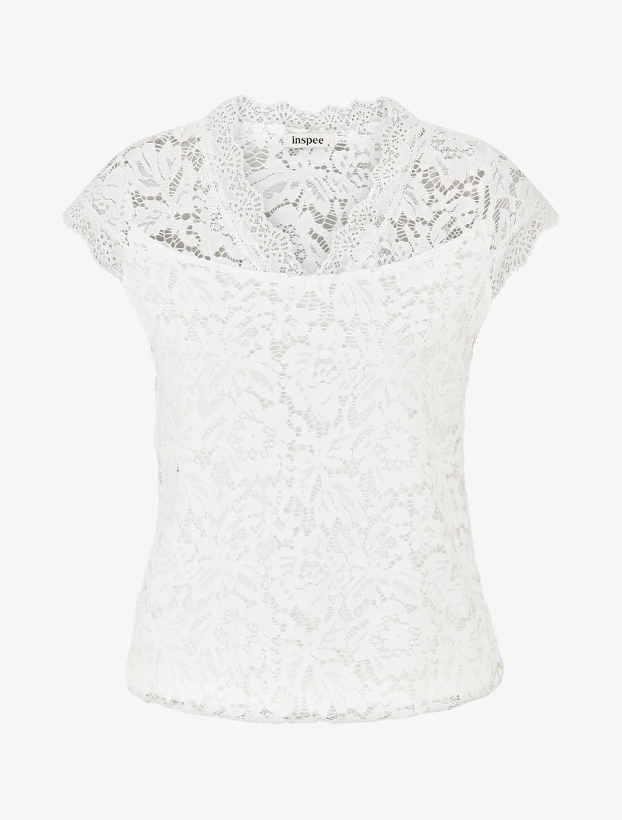 Top droit en dentelle col V - Blanc