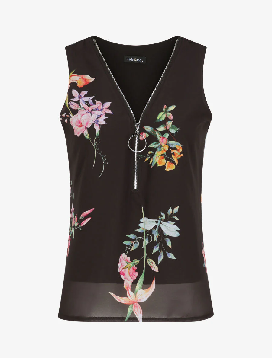 Top droit fleuri à col zippé - Noir