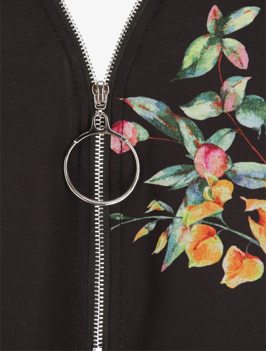 Top droit fleuri à col zippé - Noir - Image 3