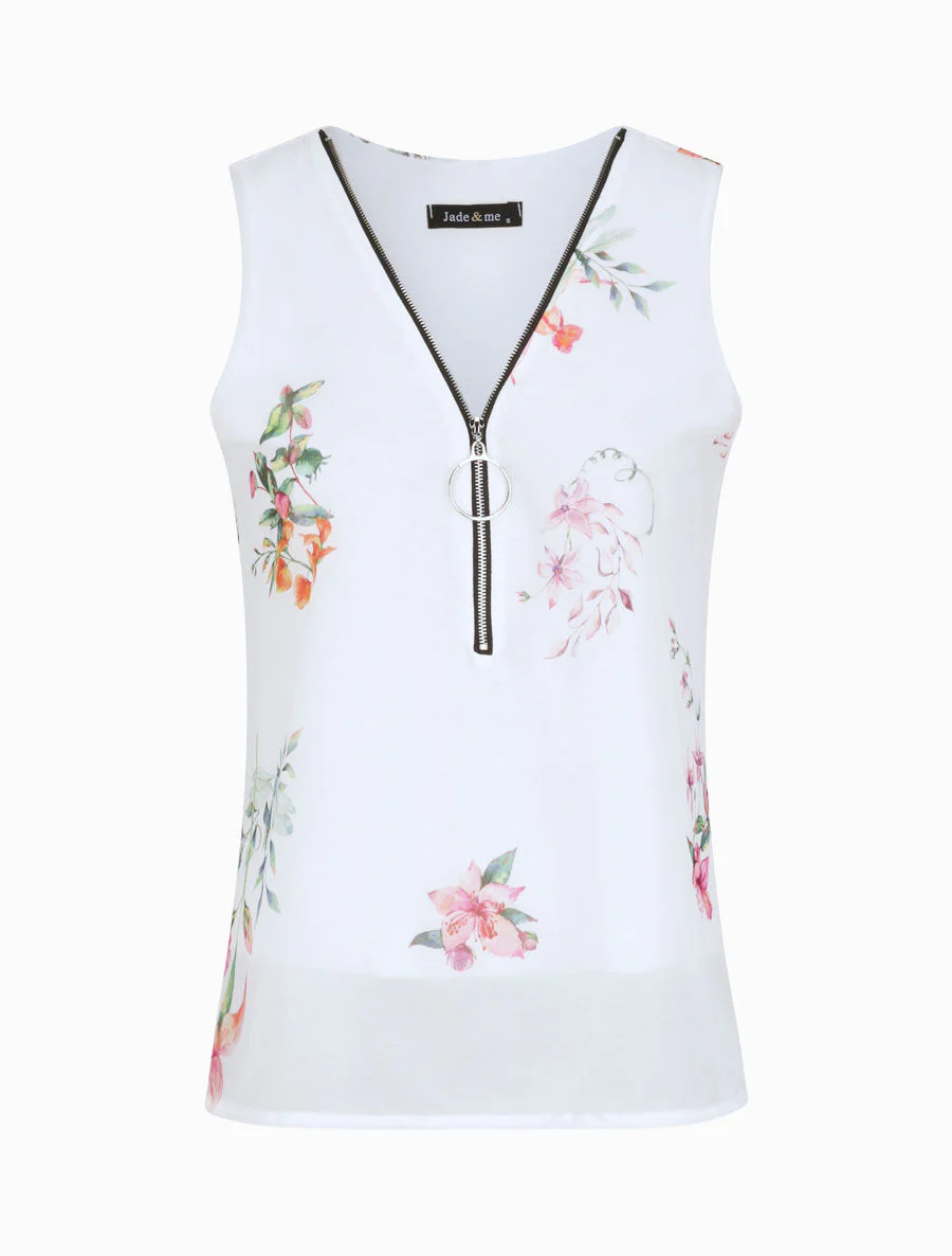 Top droit fleuri à col zippé - Blanc