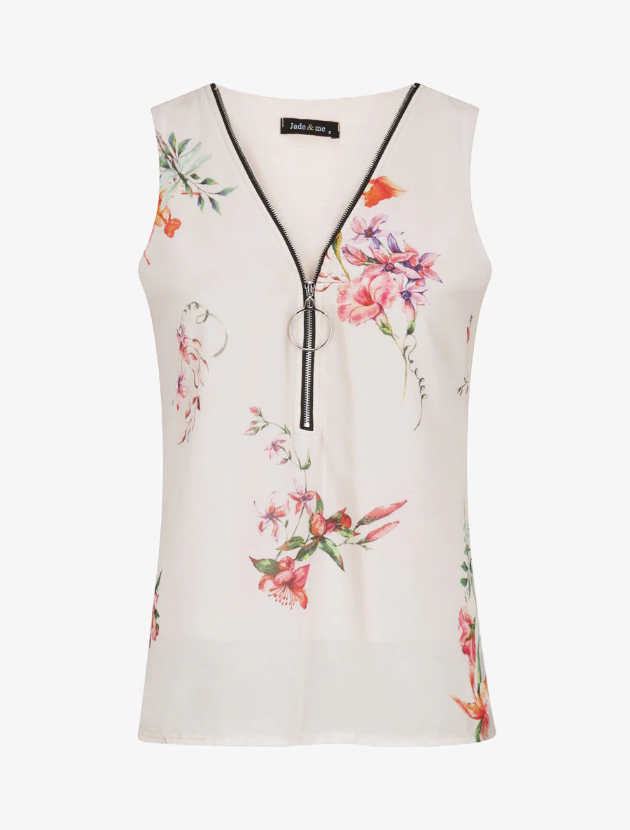 Top droit fleuri à col zippé - Beige