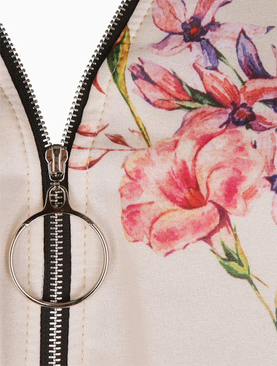 Top droit fleuri à col zippé - Beige - Image 3