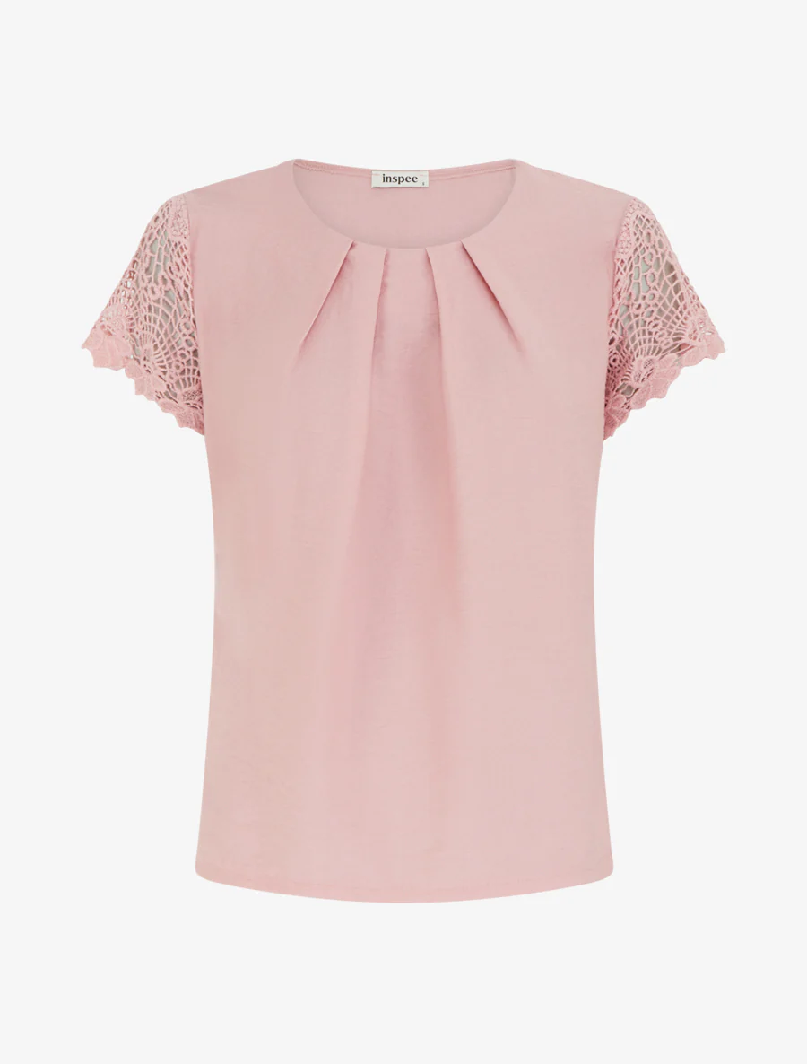 Top droit manches courtes en dentelle - Rose