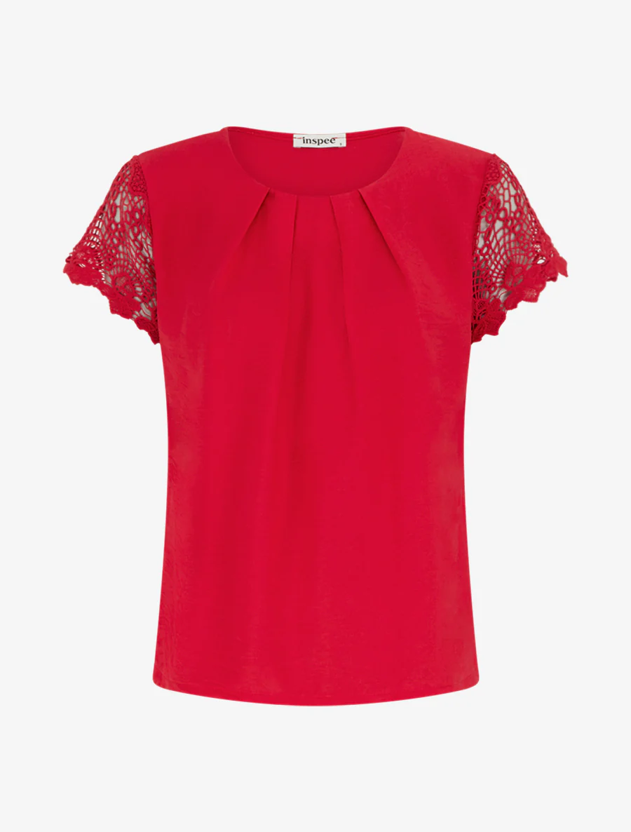 Top droit manches courtes en dentelle - Rouge
