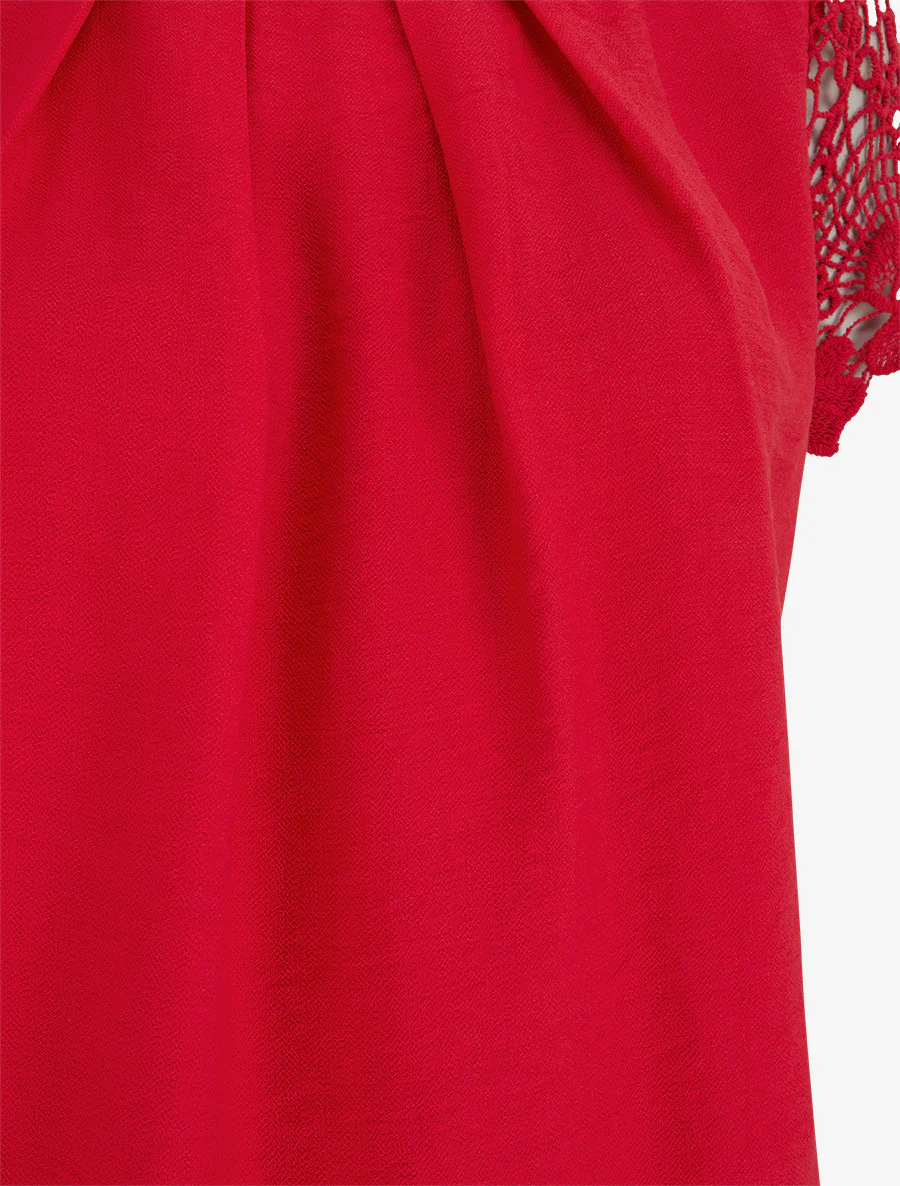 Top droit manches courtes en dentelle - Rouge - Image 3