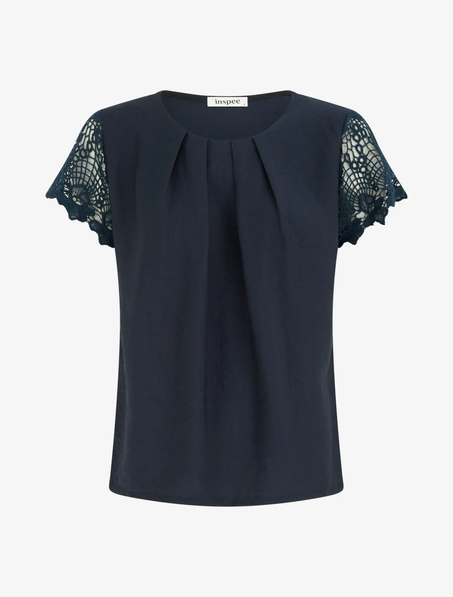 Top droit manches courtes en dentelle - Marine