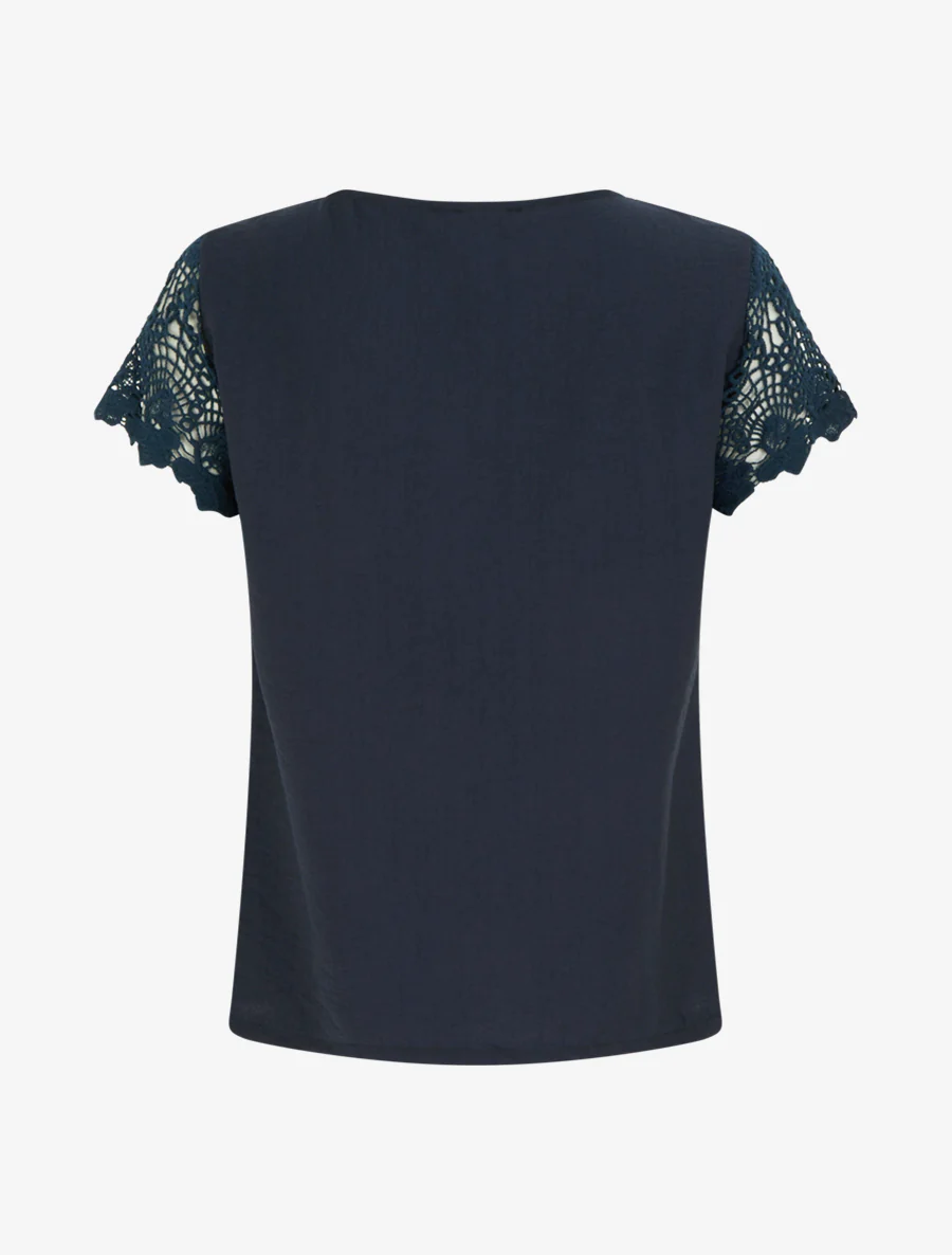 Top droit manches courtes en dentelle - Marine - Image 2