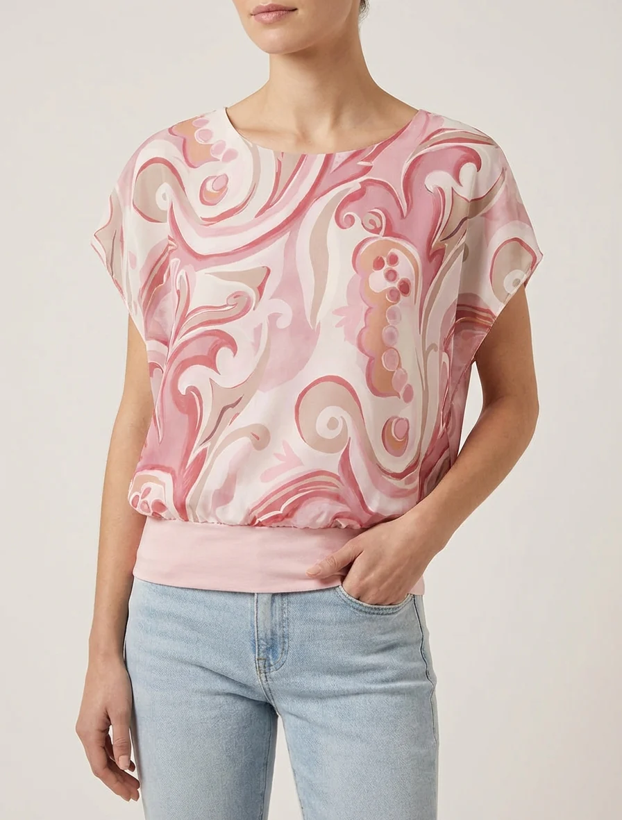 Top droit manches courtes imprimé arabesque - Rose - Image 4