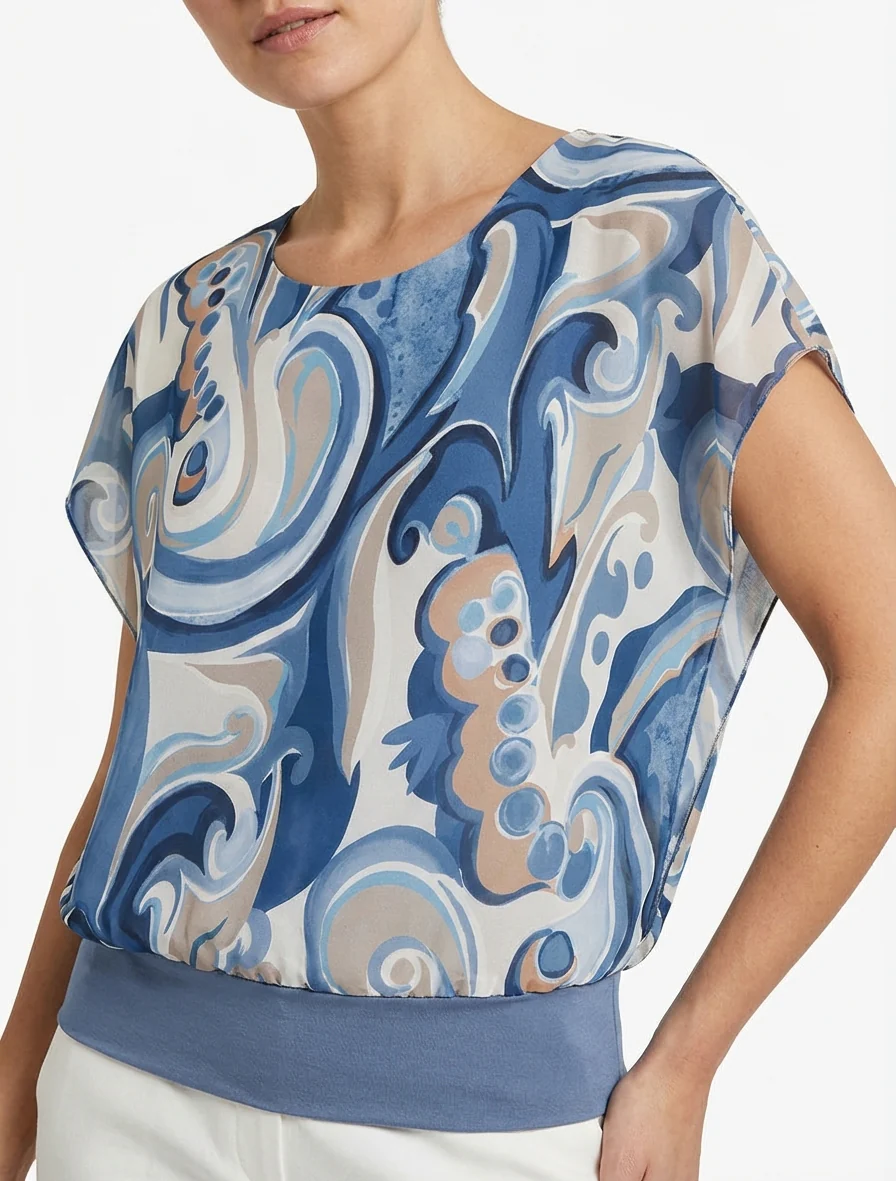 Top droit manches courtes imprimé arabesque - Bleu foncé - Image 4