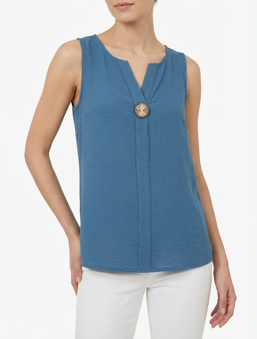 Top droit sans manches à bouton - Bleu foncé - Image 4