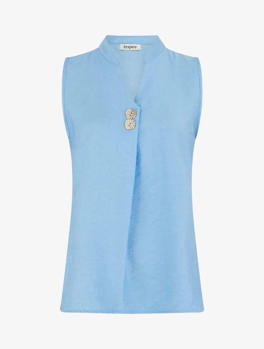 Top droit sans manches à boutons décoratifs - Bleu ciel