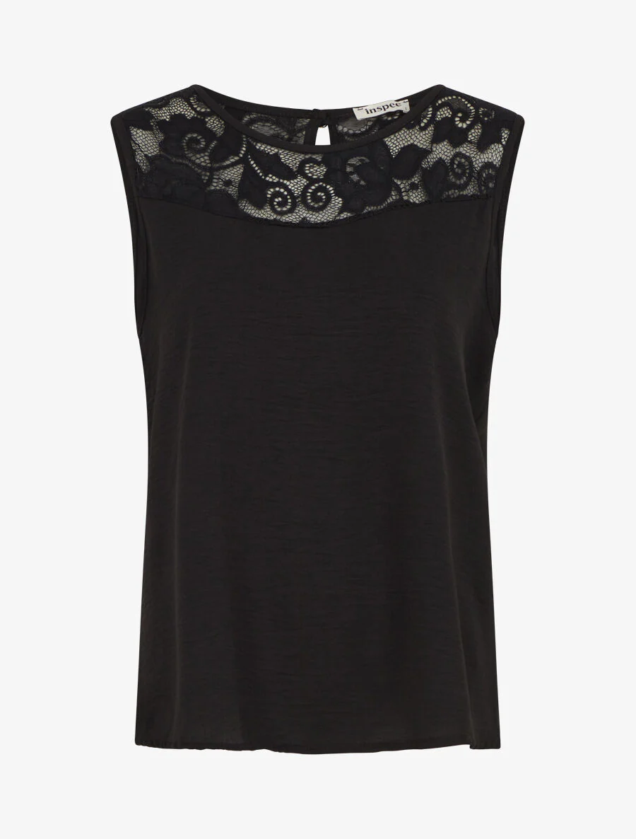 Top droit sans manches col dentelle - Noir