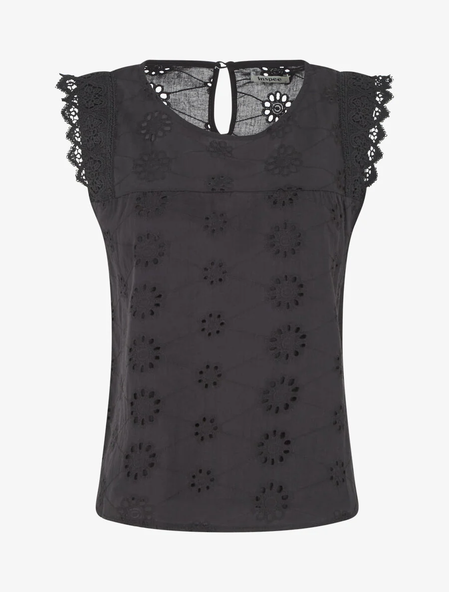 Top droit sans manches en broderie anglaise - Noir