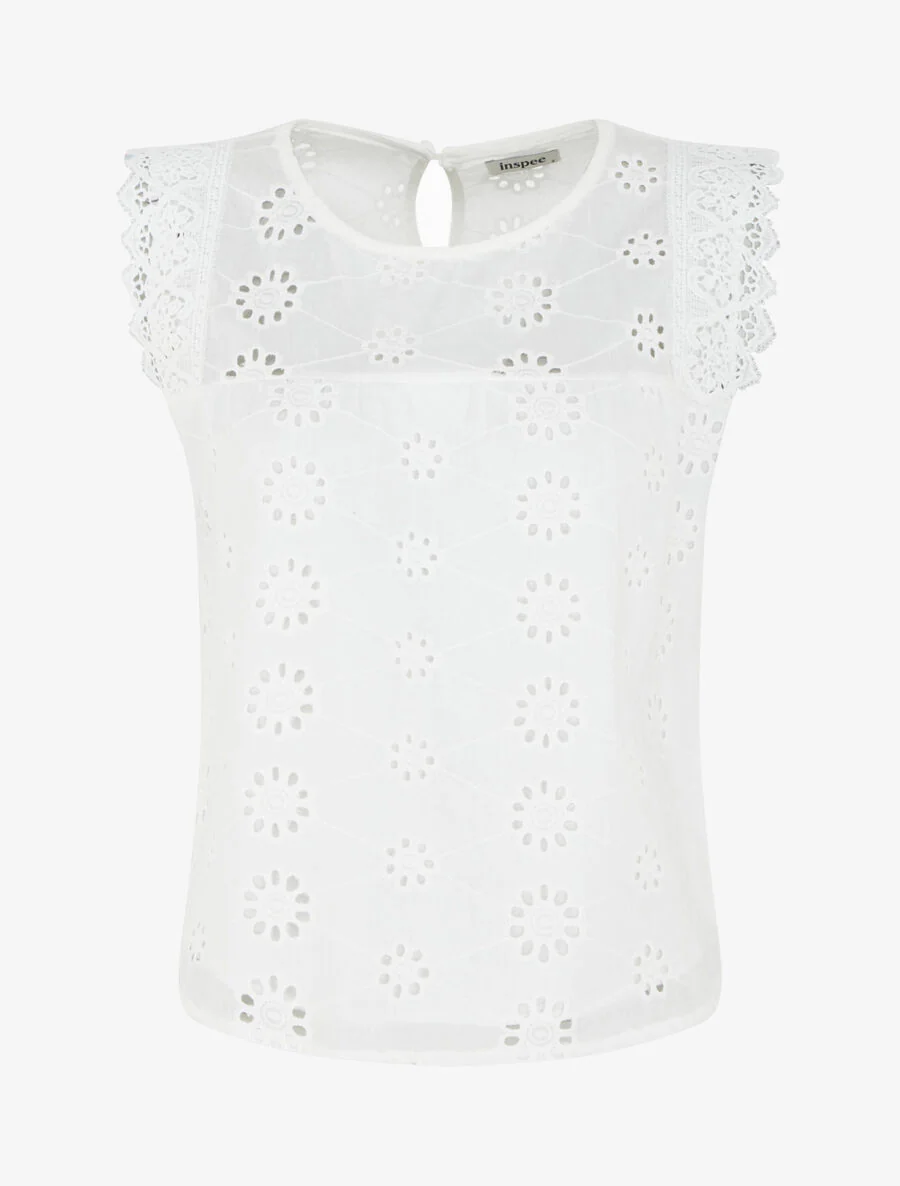 Top droit sans manches en broderie anglaise - Blanc