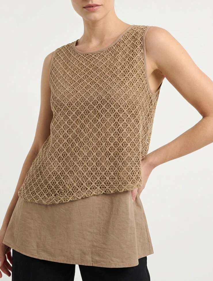 Top droit sans manches en crochet - Camel - Image 4