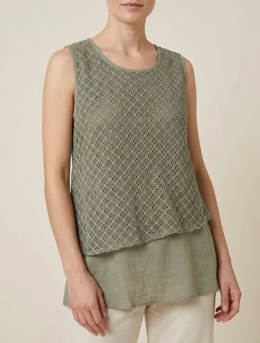 Top droit sans manches en crochet - Kaki - Image 4