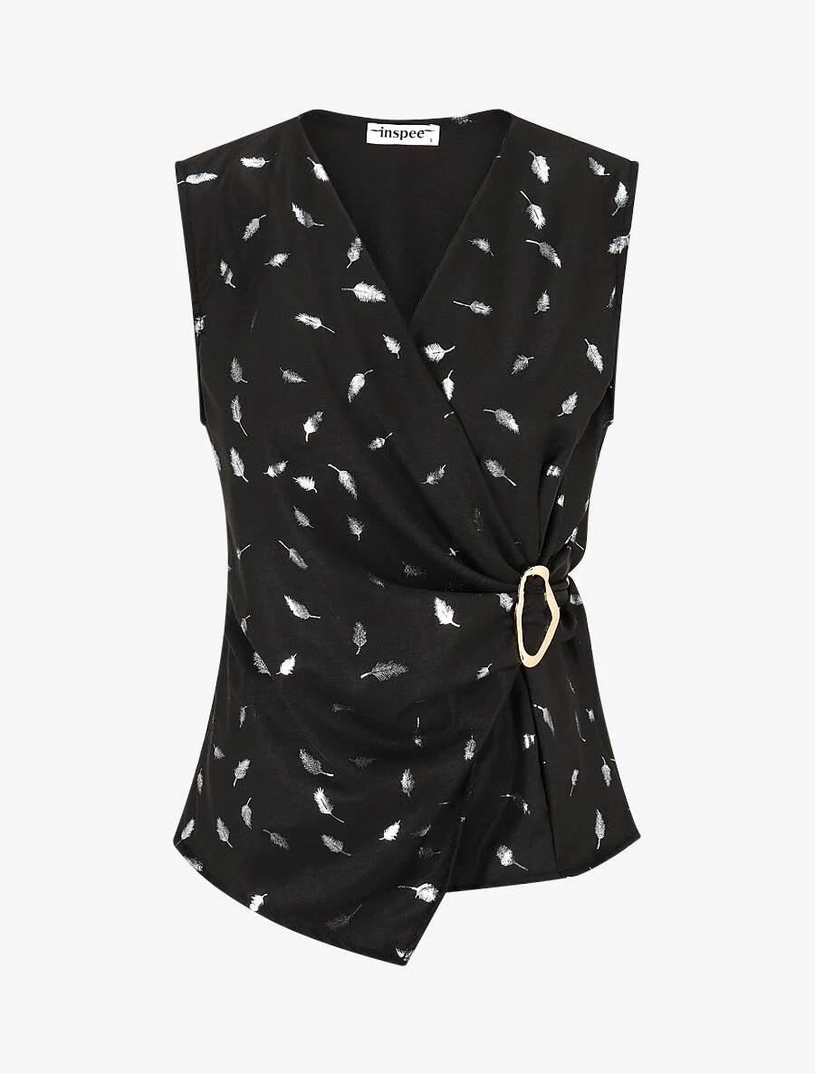 Top droit sans manches flocage plumes irisées - Noir