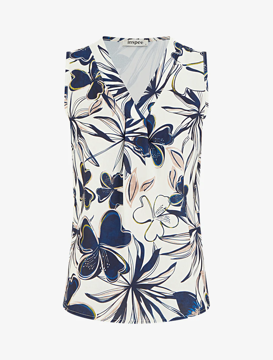 Top droit sans manches imprimé hibiscus - Marine