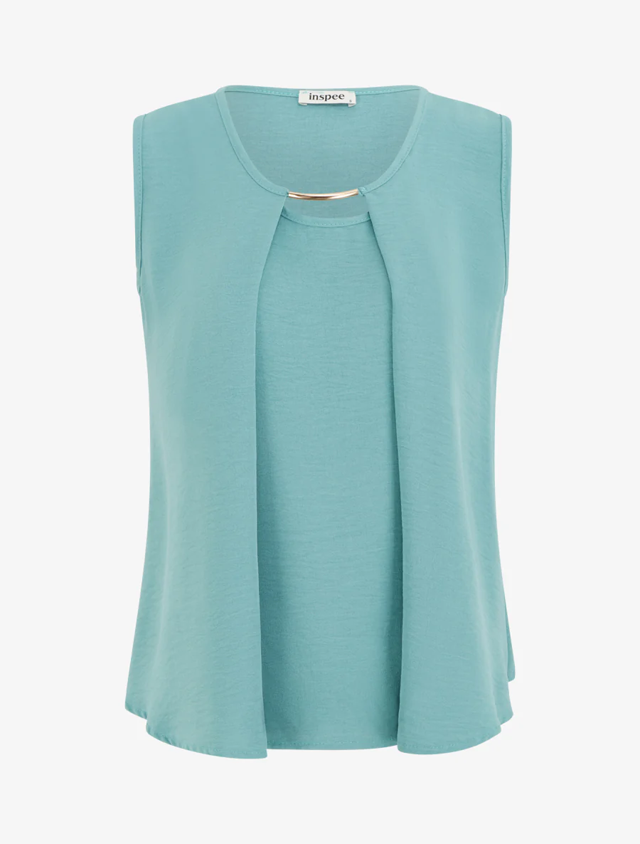 Top droit uni à col rond bijou - Turquoise