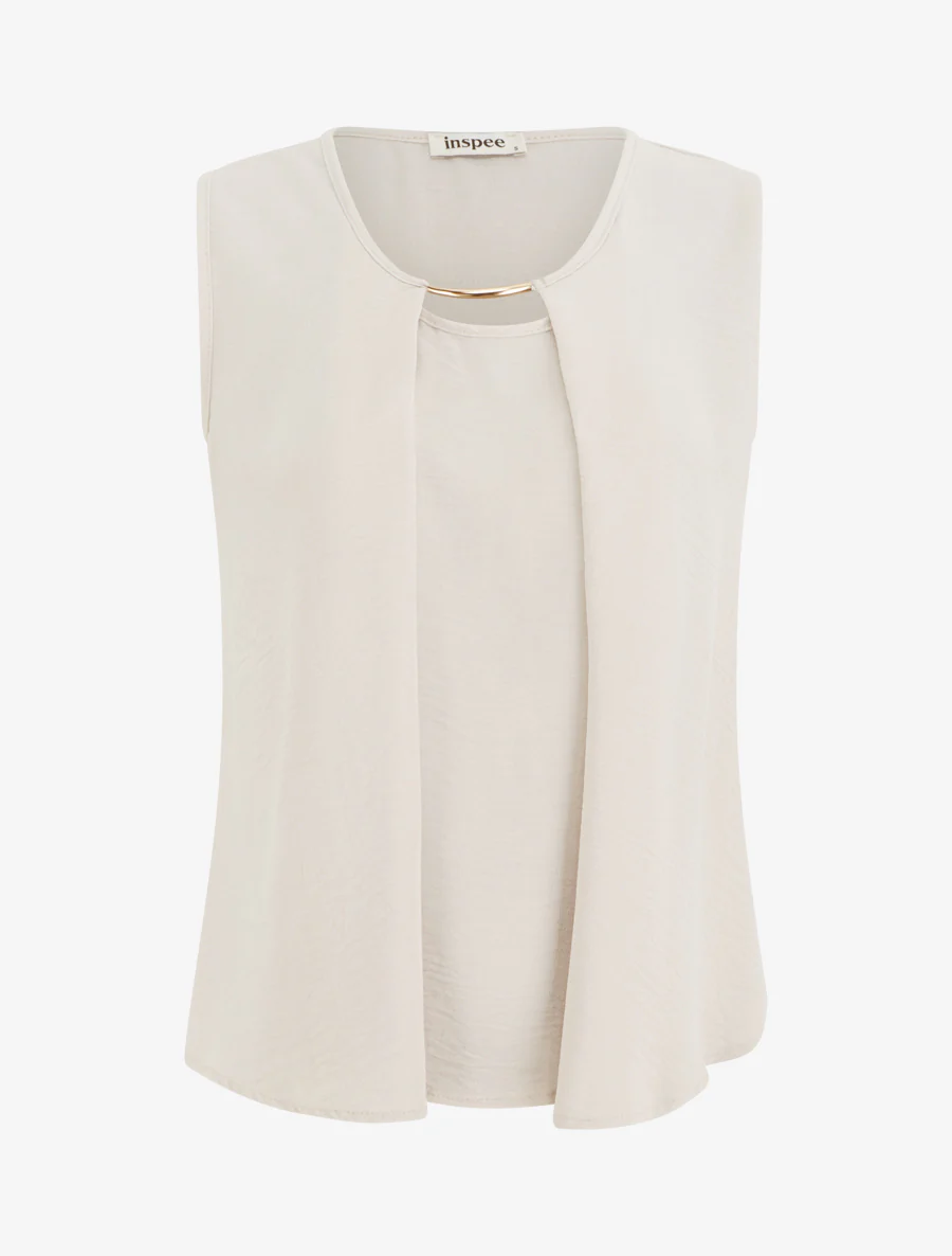 Top droit uni à col rond bijou - Beige